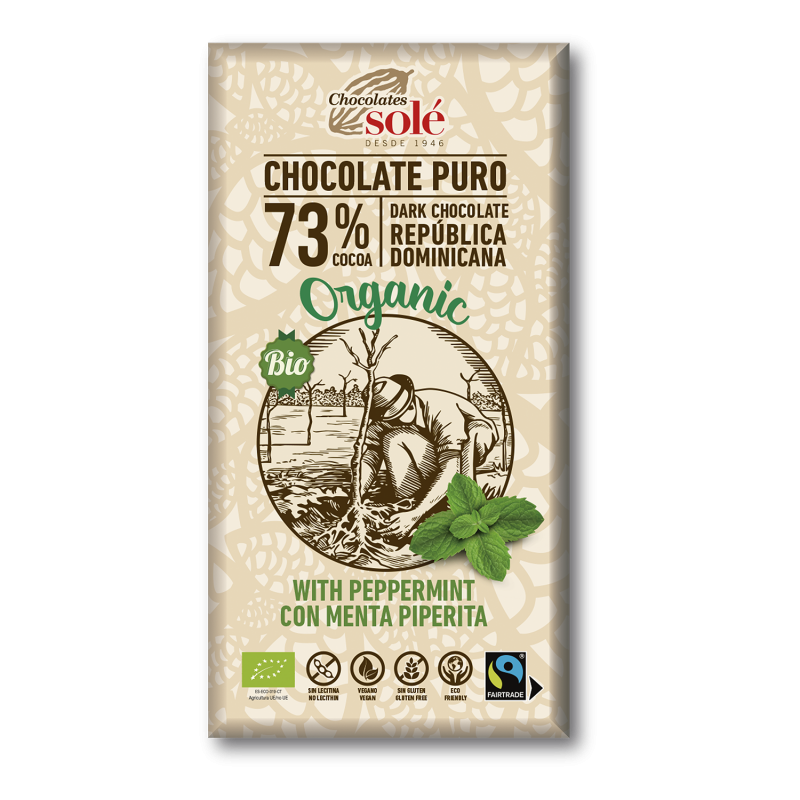 CHOCOLATES SOLE Organic Dark Chocolate 73% Cocoa with Peppermint, 100g