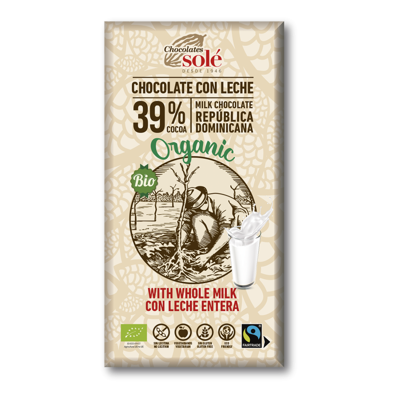 CHOCOLATES SOLES Organic Milk Chocolate Bio 39% Cocoa Bar, 100g