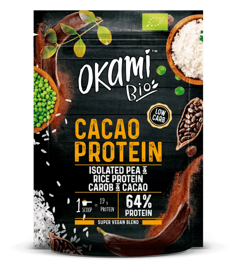 OKAMI BIO Cacao Protien - Isolated Pea & Rice Protien, Carob & Cacao 64% Protien, 500g