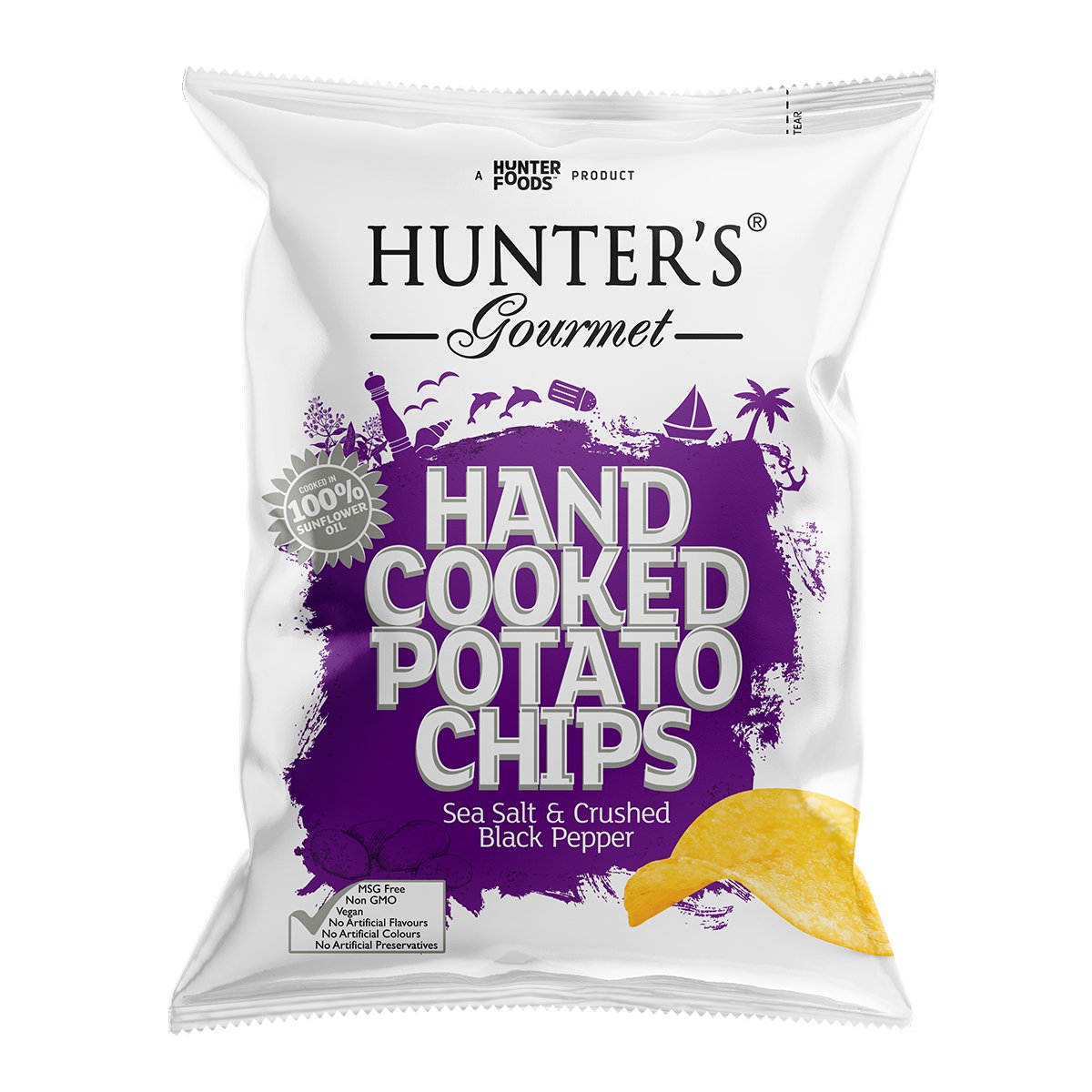 HUNTER&#039;S GOURMET Hand Cooked Potato Chips Sea Salt &amp; Crushed Black Pepper, 125g