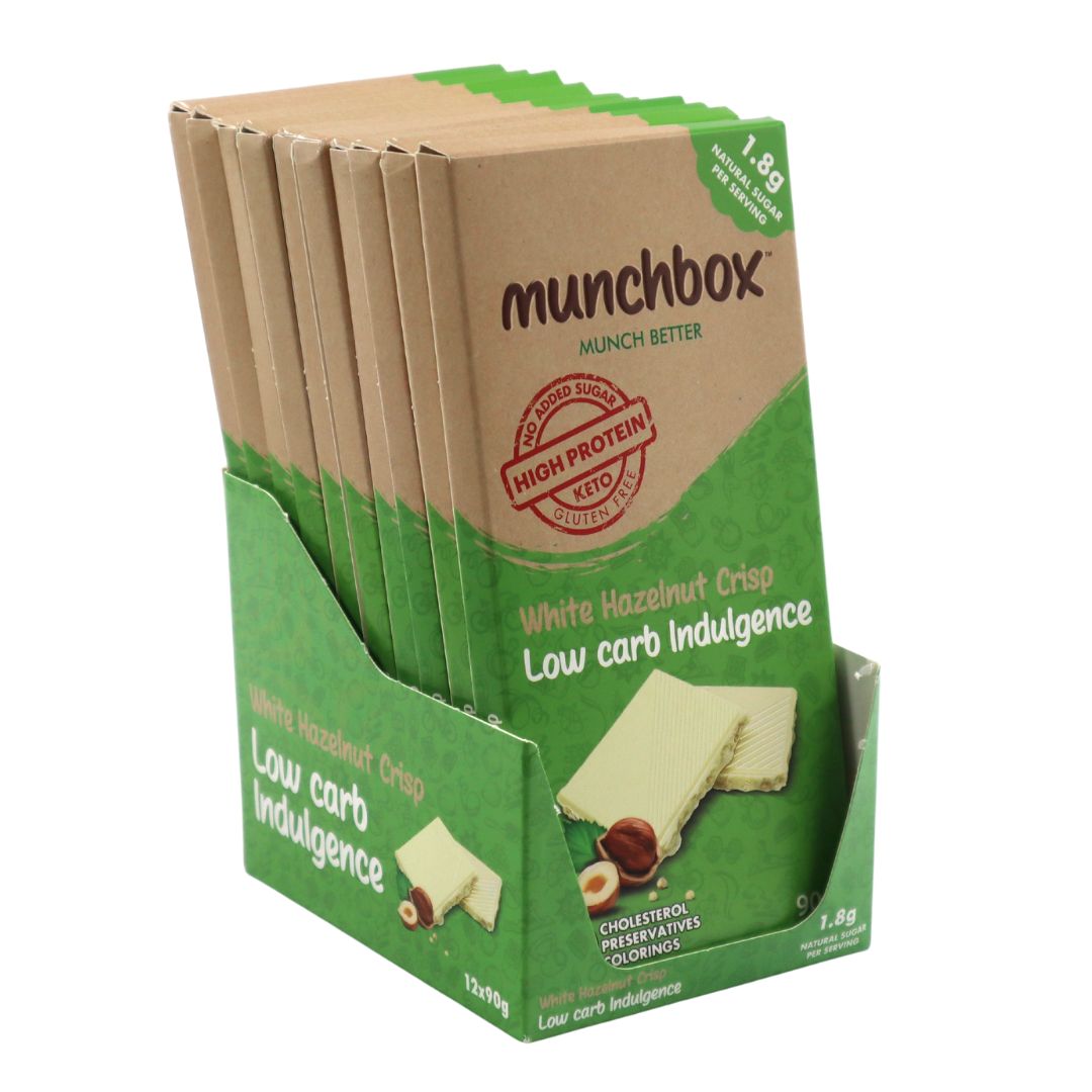 MUNCH BOX Keto White Chocolate Hazelnut Crisp - Low Carb Indulgence 90g, Pack of 12